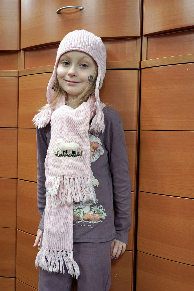 WINTER SET FOR Girls Knitted Wool Pink Hat Long Scarf 2 Pcs Set Girls Accessories Sheeps Decor Beanie Hat Christmas Gift Idea For Girls