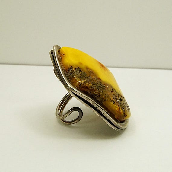 Giant Raw Butterscotch Amber Ring – 925 Sterling … - image 9