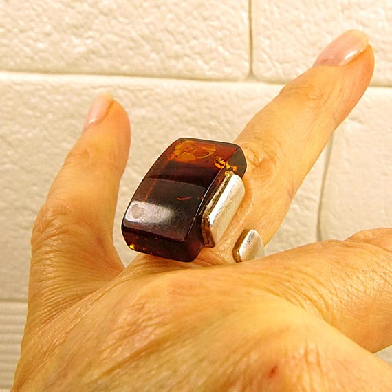 Rectangular Amber 925 Silver Ring - Opened Wide B… - image 9