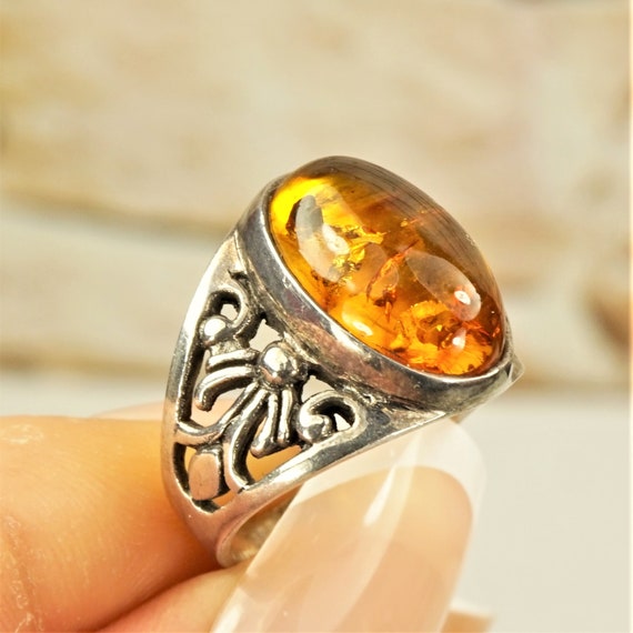 UNIQUE AMBER RING 5.75, 925 Sterling Silver, Fili… - image 2