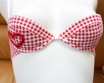 SEXY Push Up UNDERWIRE Cotton BRA, European Gingham Red Demi Bra With Adjustable Straps, Valentines Gift Idea For Women, Gift For Girlfriend