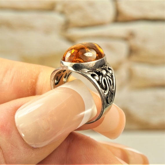 UNIQUE AMBER RING 5.75, 925 Sterling Silver, Fili… - image 9