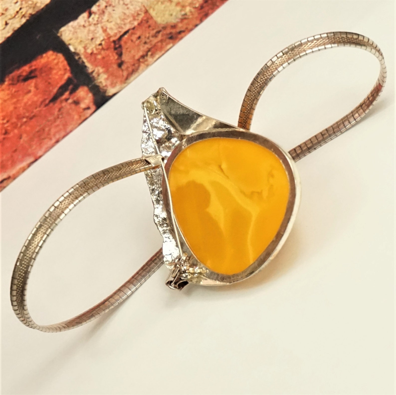 Broche Oversize Argent 925 Avec Ambre Bakélite - Style Art Déco à Plumes - Ancienne Et Unique
