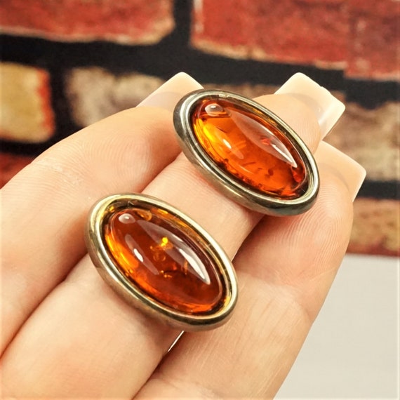 COGNAC AMBER 925 SILVER Oval Earrings, Estate Pol… - image 3