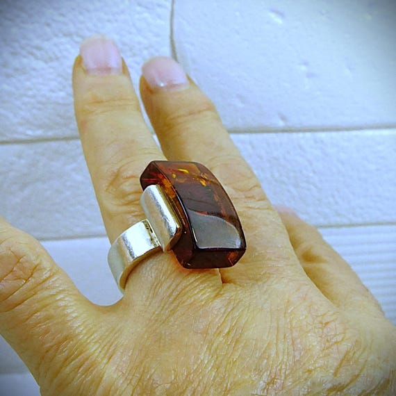 Rectangular Amber 925 Silver Ring - Opened Wide B… - image 3