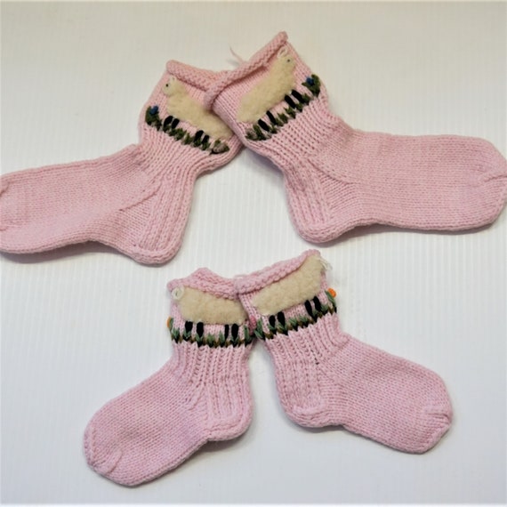 PINK PURE WOOL Knitted Socks For Girls With Sheep… - image 3