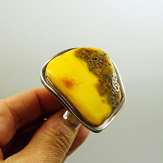 Giant Raw Butterscotch Amber Ring – 925 Sterling … - image 11