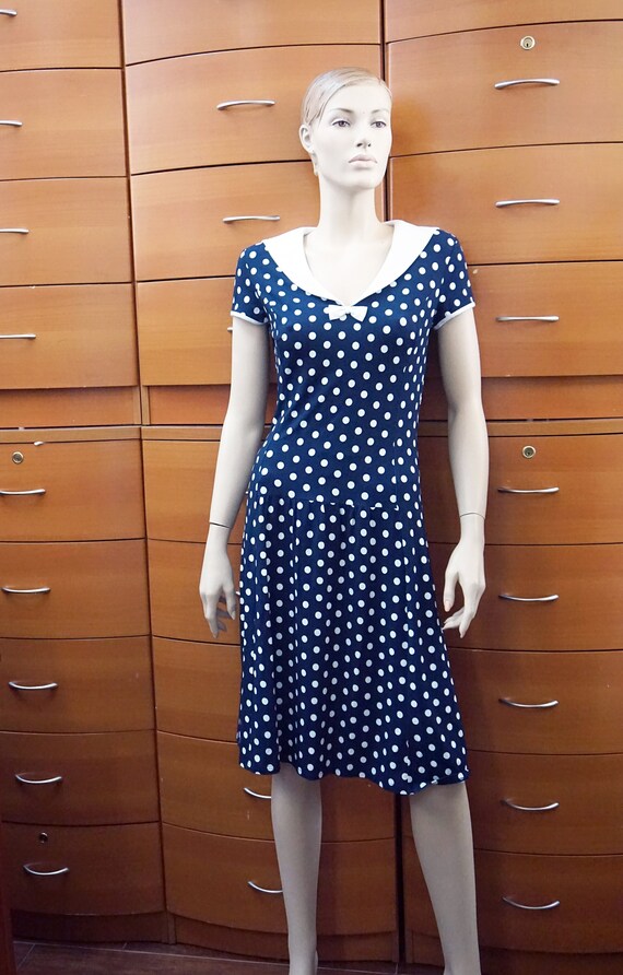 blue polka dot dress with white collar Our Contrast Collar Frill Trim Puff Sleeve Polka Dot Dress is such a vibe