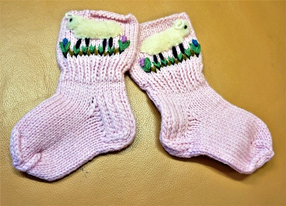 PINK PURE WOOL Knitted Socks For Girls With Sheep… - image 6