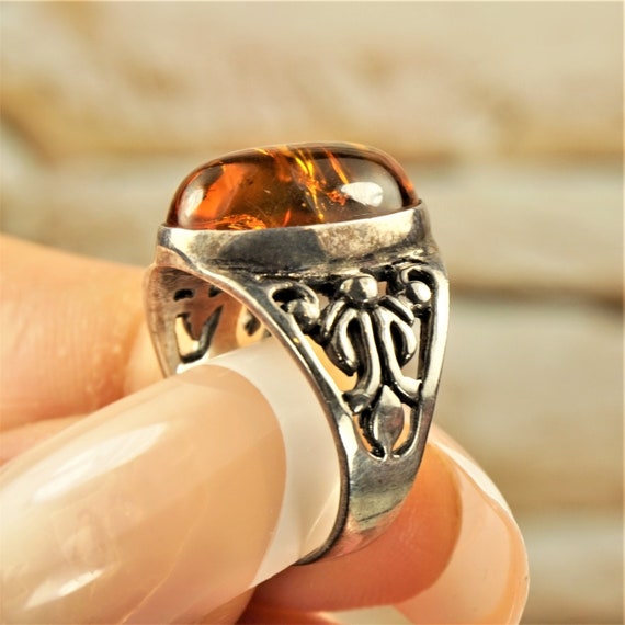 UNIQUE AMBER RING 5.75, 925 Sterling Silver, Fili… - image 10