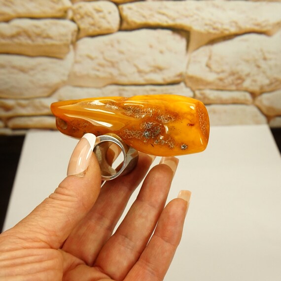 Giant Butterscotch Amber Sterling Silver Ring – O… - image 6