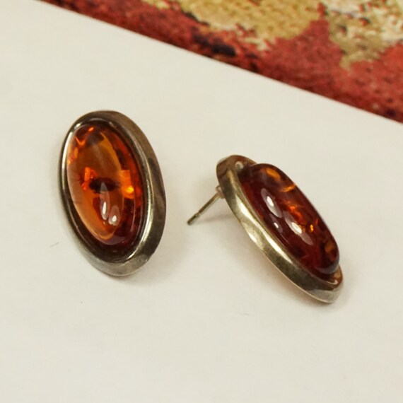 COGNAC AMBER 925 SILVER Oval Earrings, Estate Pol… - image 7