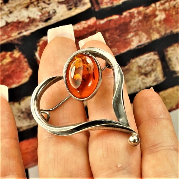 HEART AMBER BROOCH Amber 925 silver pin Best Chri… - image 1