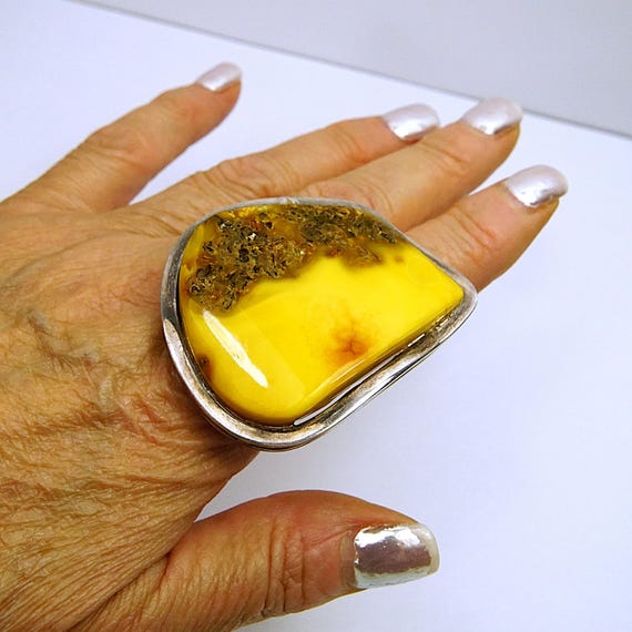 Giant Raw Butterscotch Amber Ring – 925 Sterling … - image 16