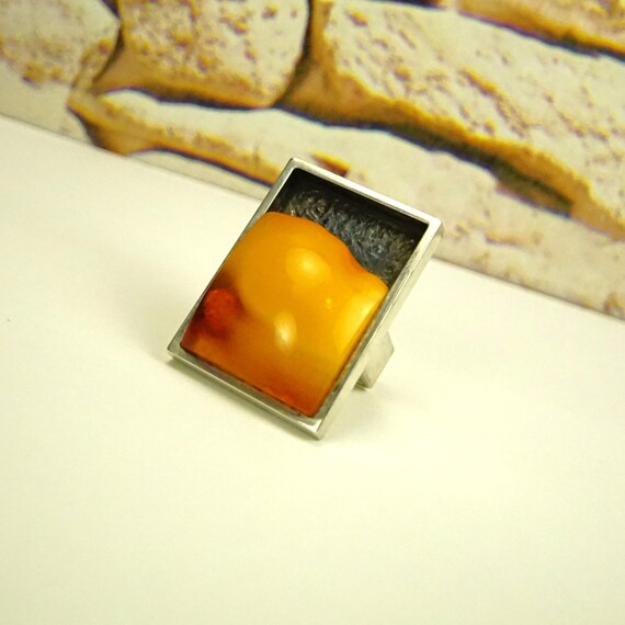 Massive Butterscotch Amber Ring | Modernist 925 S… - image 4
