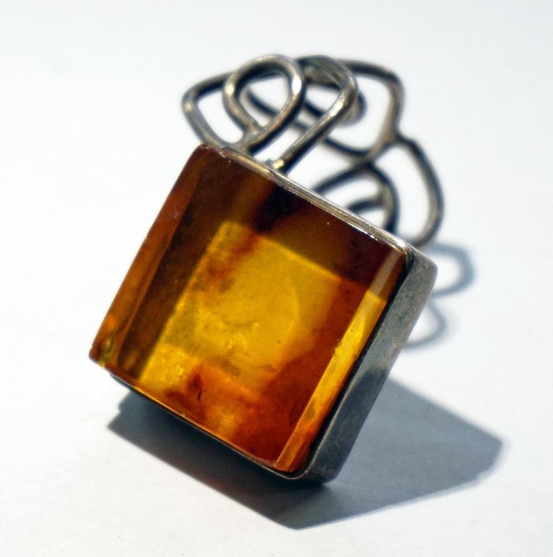 ANTIQUE AMBER SILVER Ring Rare Estate 2 Fingers Adjustable Ring Oversized Amber Ring Unusual Square Baltic Amber Ring Unique Gift For Women