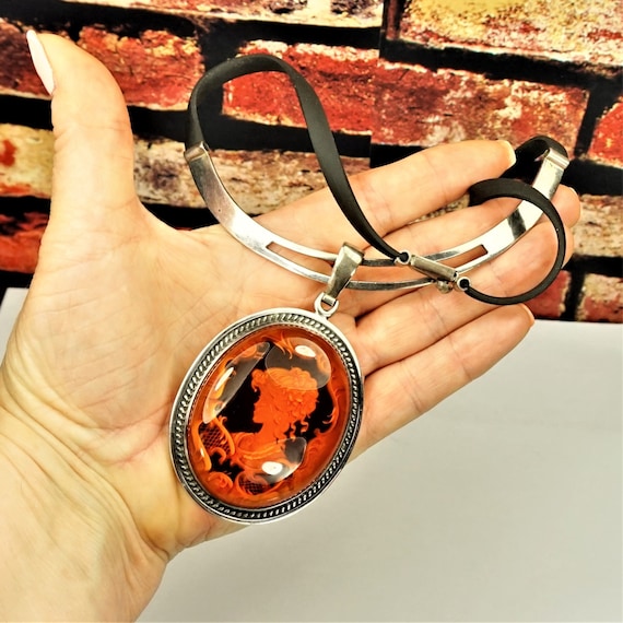 GIANT AMBER 925 Silver CAMEO Pendant, Heavy Weigh… - image 1