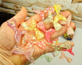 Bright MERMAID TAILS for DIY Crafts, Flatback Cabochons, 1 7/8in Resin Fish Tails Glitter Mermaid, Ready To Gift In Box, Small Gift For Kids