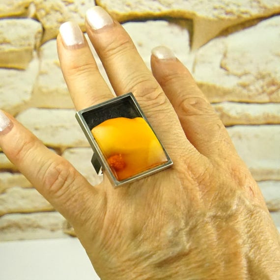 Massive Butterscotch Amber Ring | Modernist 925 S… - image 7