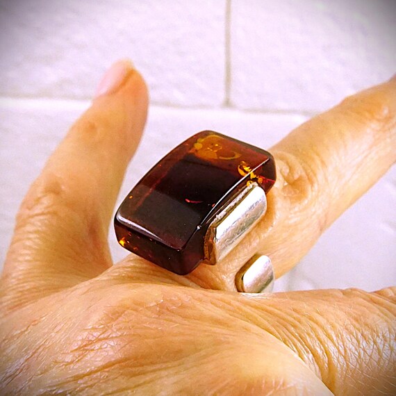 Rectangular Amber 925 Silver Ring - Opened Wide B… - image 1