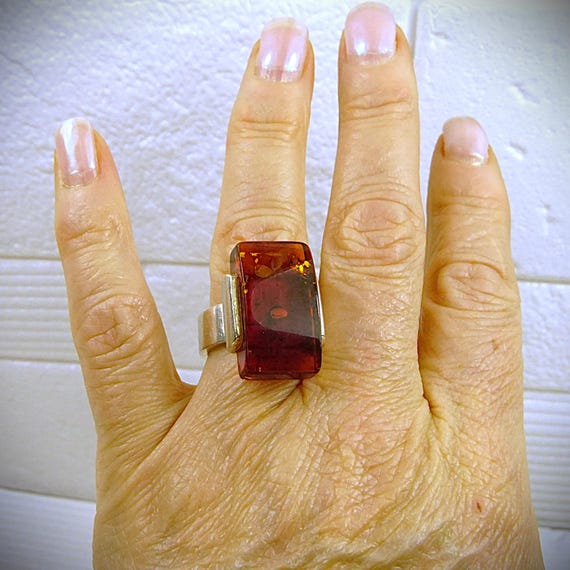 Rectangular Amber 925 Silver Ring - Opened Wide B… - image 10