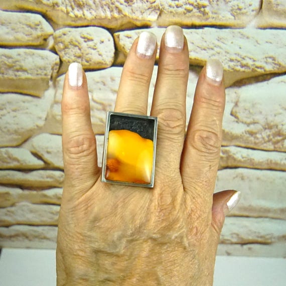 Massive Butterscotch Amber Ring | Modernist 925 S… - image 1