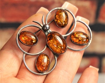 LARGE BALTIC AMBER Sterling Leaf Brooch Big Oval Amber 925 Silver