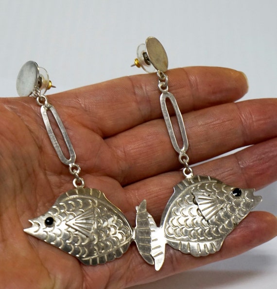 EXTRA LONG STERLING Fish Earrings, Mexico Taxco J… - image 6