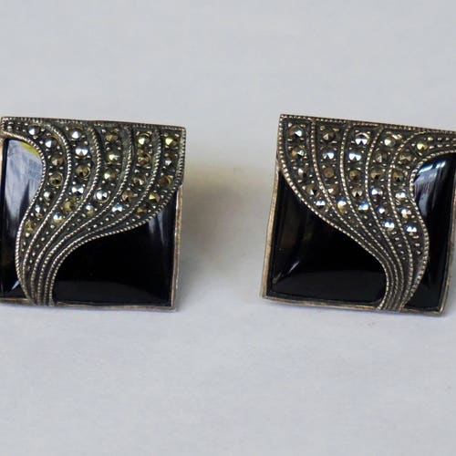 Judith JACK Black Onyx SILVER Earrings, JJ Sterling Marcasite Oversized Square Omega Earrings, Unique Gift For Her, shops Holiday Gift For Mom