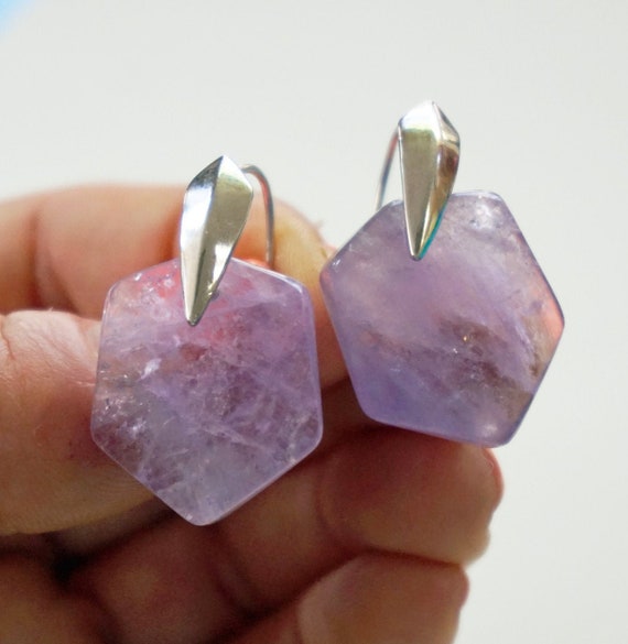 AMETHYST 925 SILVER EARRINGS Big Hexagon Dangle Ea