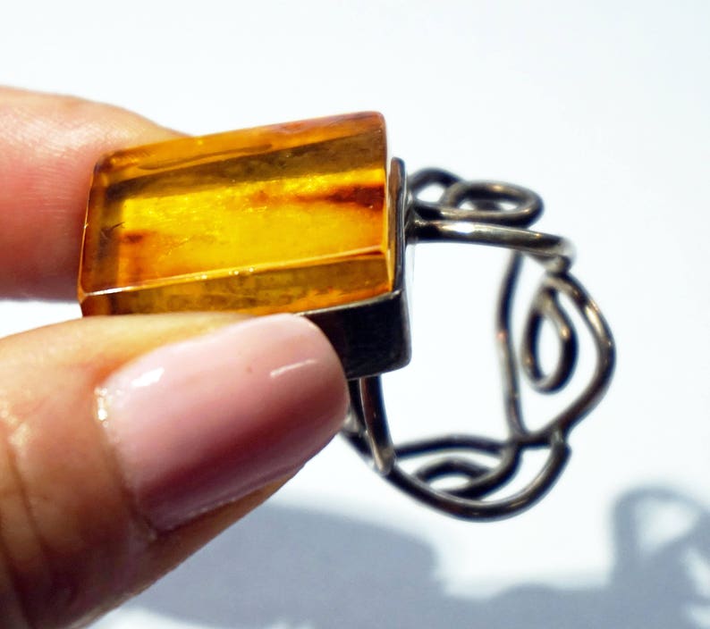 ANTIQUE AMBER SILVER Ring Rare Estate 2 Fingers Adjustable Ring Oversized Amber Ring Unusual Square Baltic Amber Ring Unique Gift For Women
