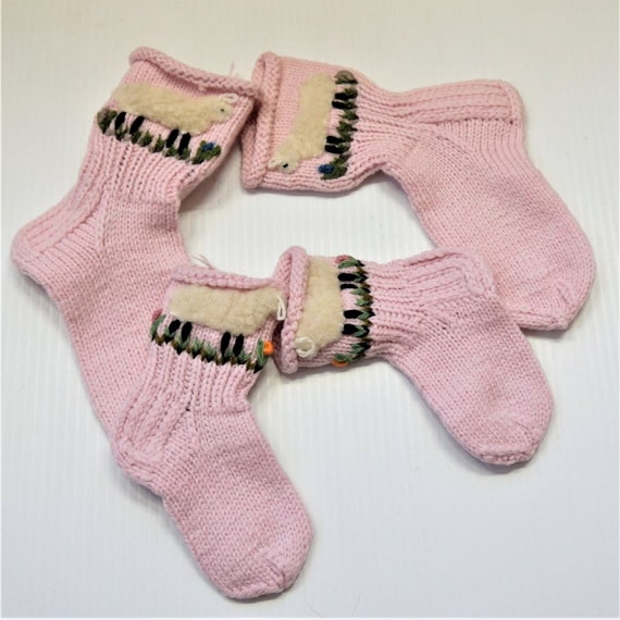 PINK PURE WOOL Knitted Socks For Girls With Sheep… - image 1