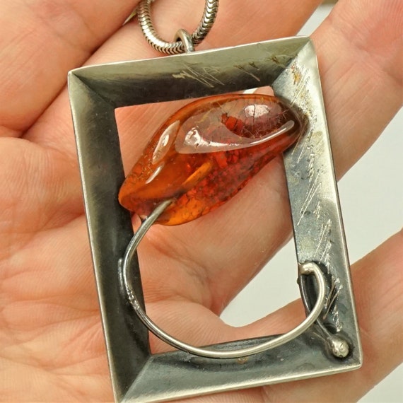 AMBER 925 SILVER Framed Pendant With Sterling Cha… - image 2