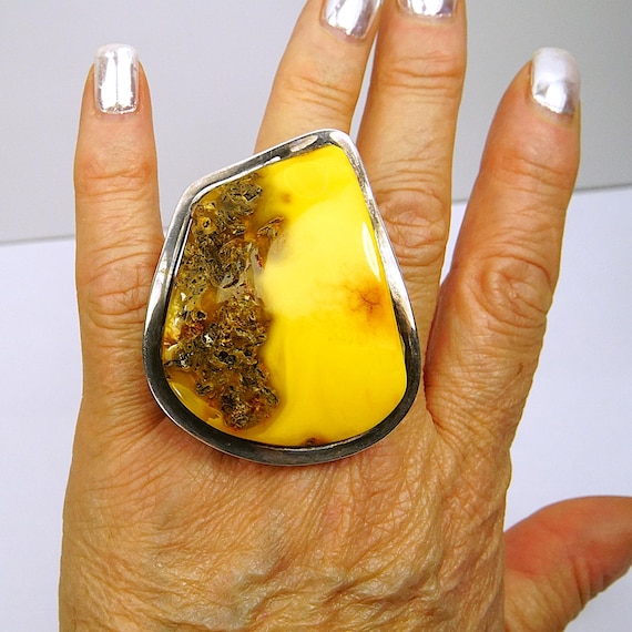 Giant Raw Butterscotch Amber Ring – 925 Sterling … - image 1