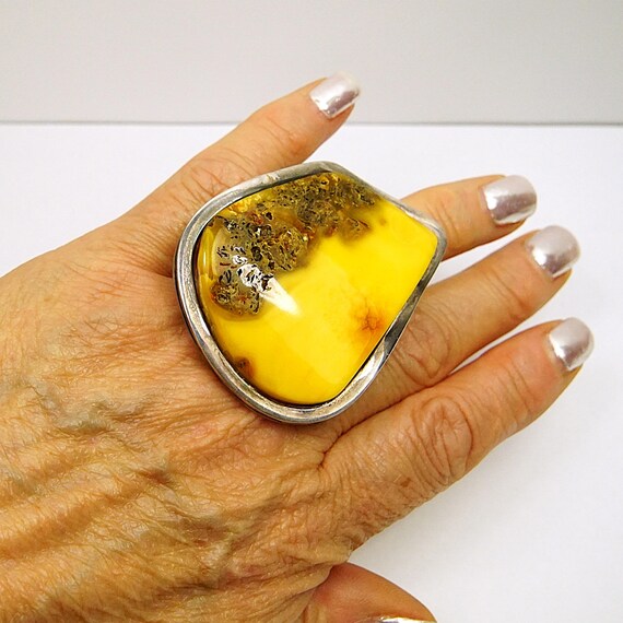 Giant Raw Butterscotch Amber Ring – 925 Sterling … - image 4
