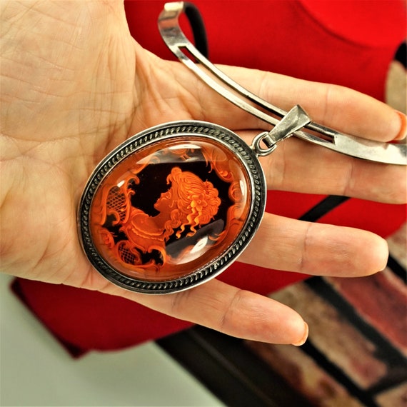 GIANT AMBER 925 Silver CAMEO Pendant, Heavy Weigh… - image 2