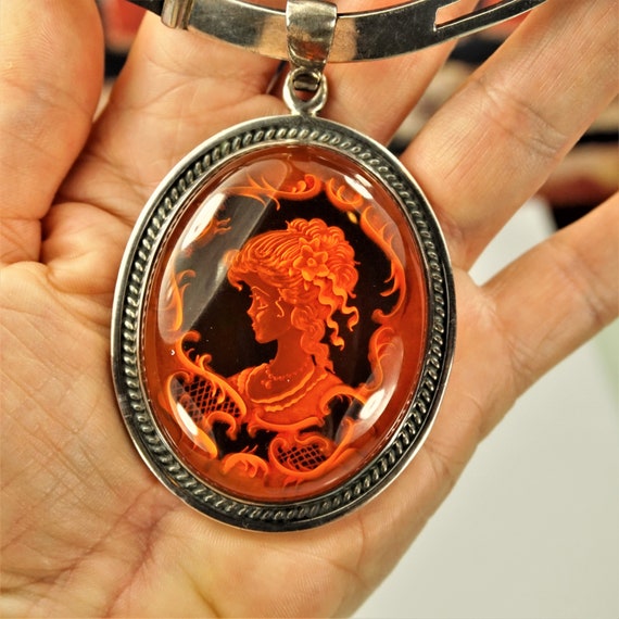 GIANT AMBER 925 Silver CAMEO Pendant, Heavy Weigh… - image 3