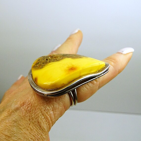 Giant Raw Butterscotch Amber Ring – 925 Sterling … - image 17