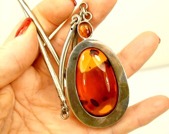Huge 925 Silver Amber Pendant Choker, Artisan Modernist Jewelry