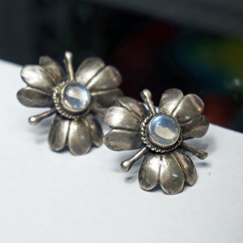 MOONSTONE STERLING Screw back EARRINGS, Genuine Moonstone Big Floral Earrings, Old Estate Rare 925 Silver Earrings, shops Unique Gift For Her