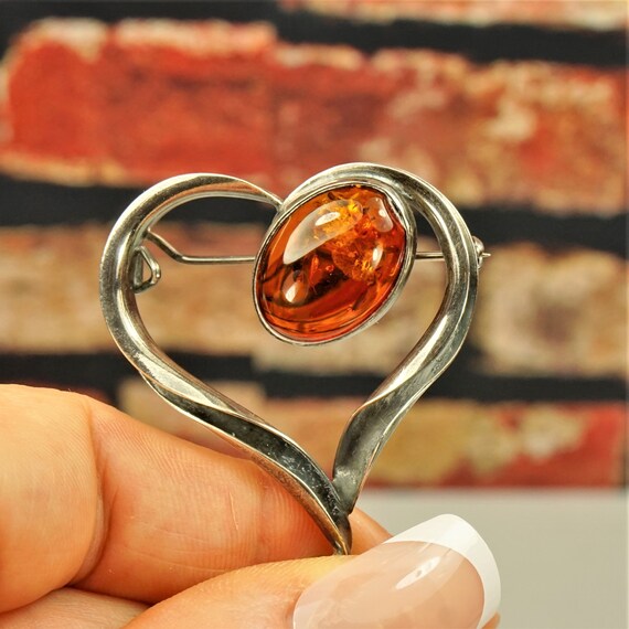 HEART AMBER BROOCH Amber 925 silver pin Best Chri… - image 8