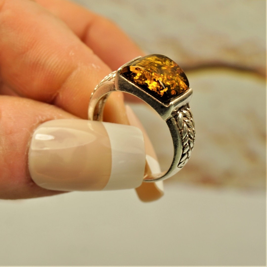 Baltic Cognac Amber Gold Tone Sterling Silver Ring, S
