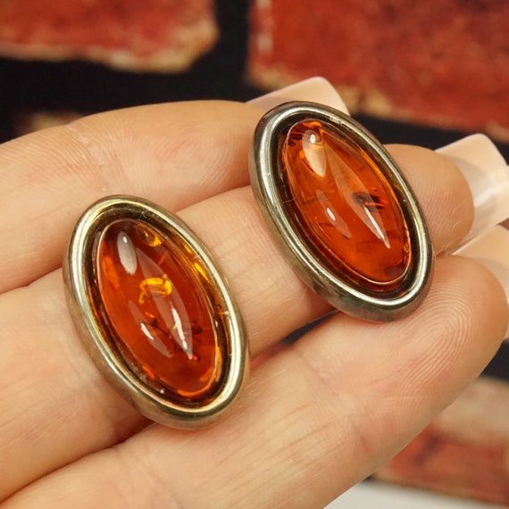 COGNAC AMBER 925 SILVER Oval Earrings, Estate Pol… - image 4