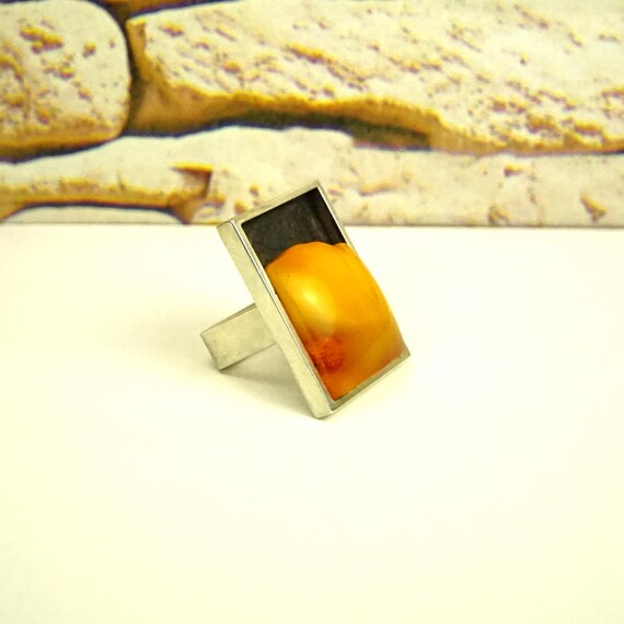 Massive Butterscotch Amber Ring | Modernist 925 S… - image 3