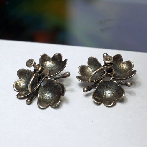 MOONSTONE STERLING Screw back EARRINGS, Genuine Moonstone Big Floral Earrings, Old Estate Rare 925 Silver Earrings, shops Unique Gift For Her