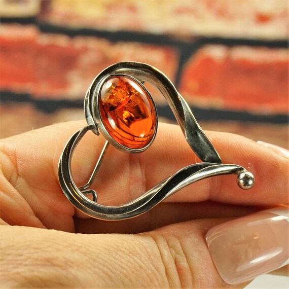 HEART AMBER BROOCH Amber 925 silver pin Best Chri… - image 9