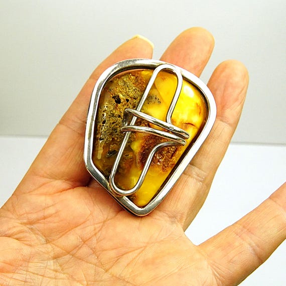Giant Raw Butterscotch Amber Ring – 925 Sterling … - image 5