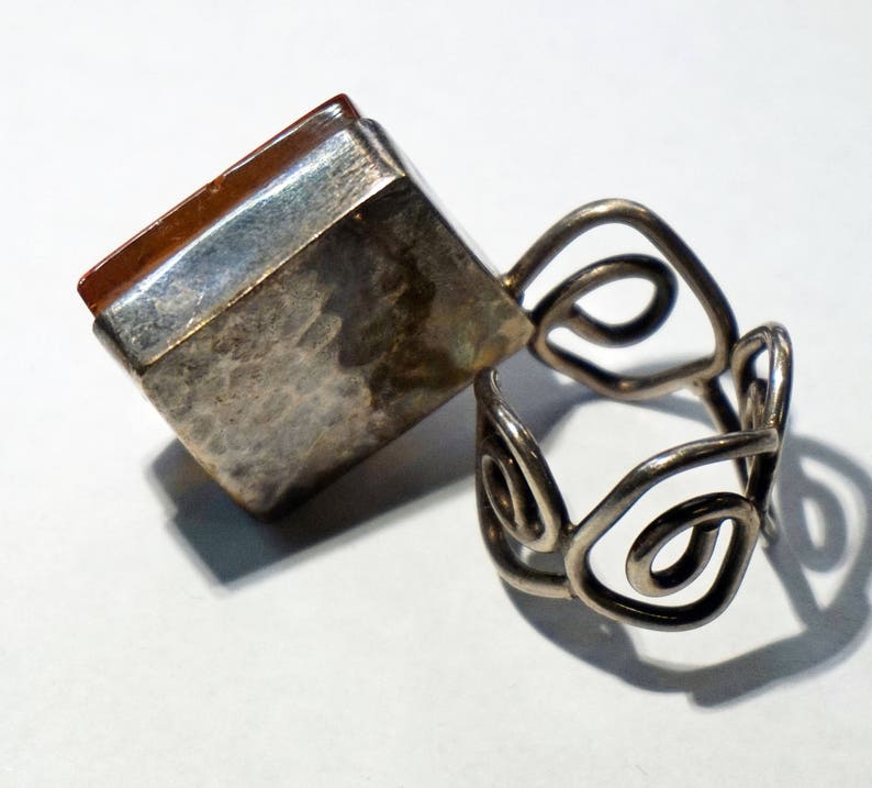ANTIQUE AMBER SILVER Ring Rare Estate 2 Fingers Adjustable Ring Oversized Amber Ring Unusual Square Baltic Amber Ring Unique Gift For Women