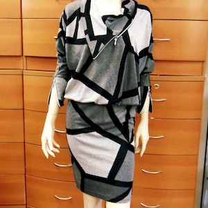 Patchwork Midi Dress - Batwing Long Sleeves, Blouson Style - European Made - New Old Stock