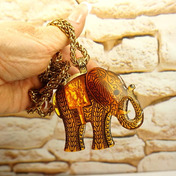 RESIN AMBER ELEPHANT wheat chain necklace, Swarovski crystals